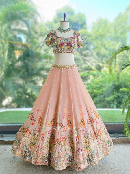 Pushpaveda Blush Pink Shimmer Lehenga With 3D Beadwork, Floral Print & Sequin Detail