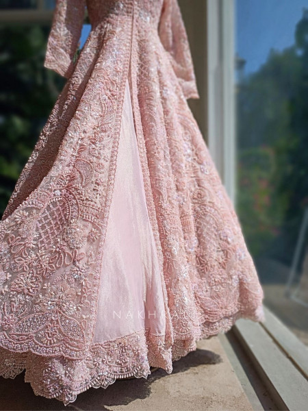 Aurelia Pink Net Silk Achkan Lehenga with Sequin Cut Dana Work