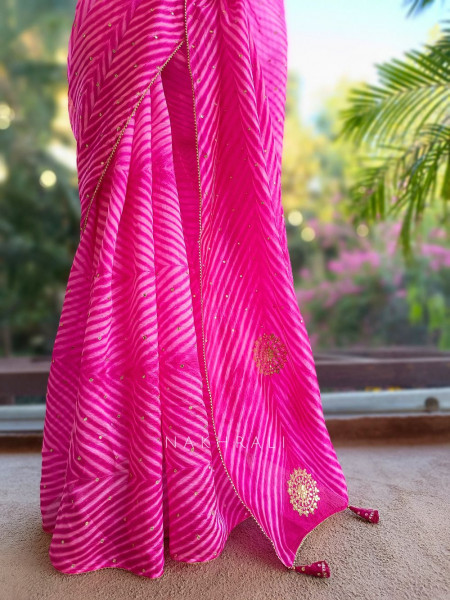 Rangili Pink Leheriya Saree with Gota Work Blouse