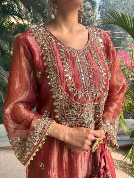 Poise Gajari Tissue Long Dress with Mirror and Zari Work