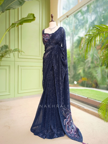 Samyra Blue Micro-Sequined Georgette Draped Saree with Readymade Blouse