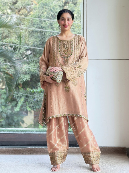 Firdaus Jewel-Neck Peach Suit Set
