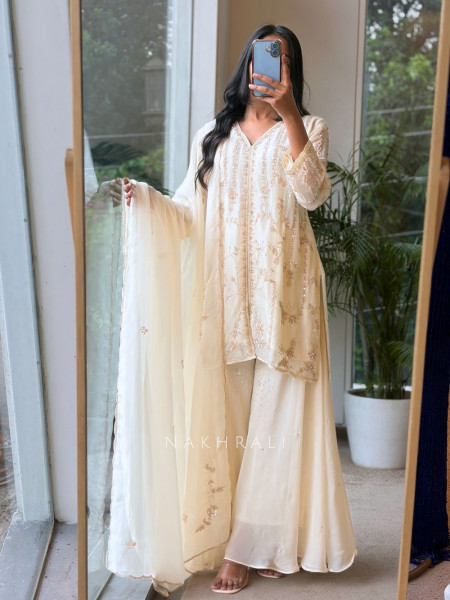 Sorrel Cream Organza Georgette Layered Sharara Suit Set