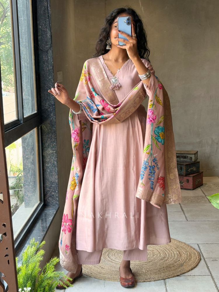 Image of Zyrika Peach Anarkali Suit Set with Floral Dupatta