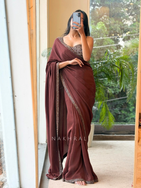 Shamira Brown Saree with Readymade Blouse