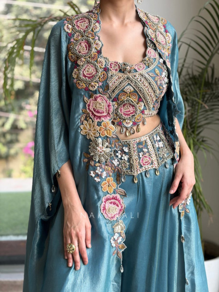 Arabesque Teal Blue Indo-Western Crop Top Palazzo Set with Cape Jacket