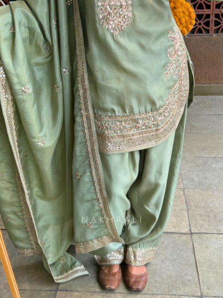 SereneGlow Pista Green Chanderi Satin Silk Suit Set