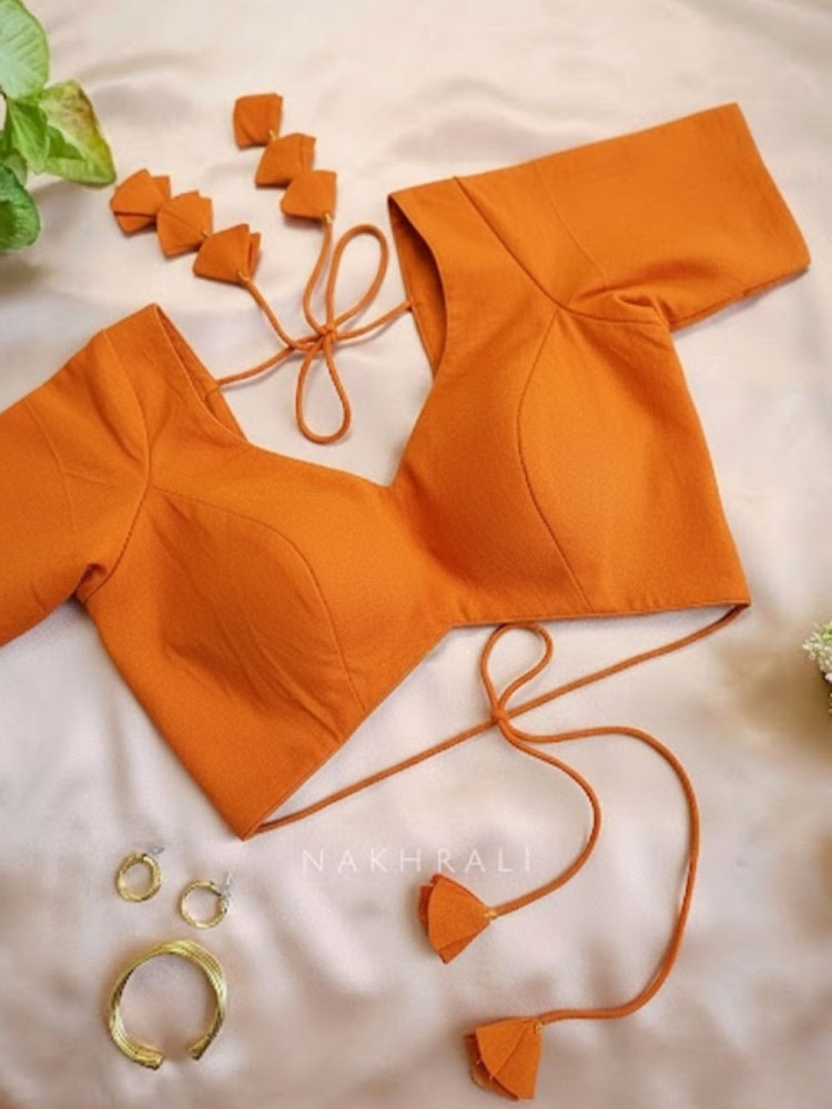 Image of Malika Solid Orange Cotton Silk Blouse
