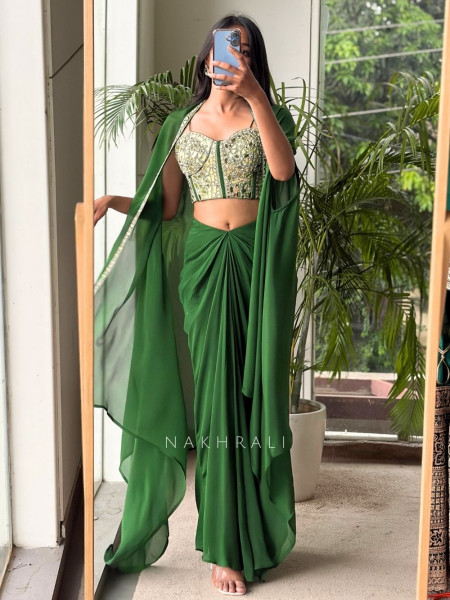 Glimmering  Green Georgette Crop Top Dhoti Skirt Set with Cape
