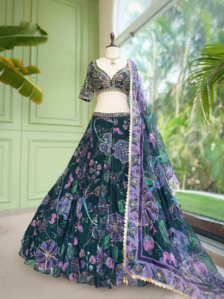 Sweetheart Bottle Green Organza Silk Lehenga Set