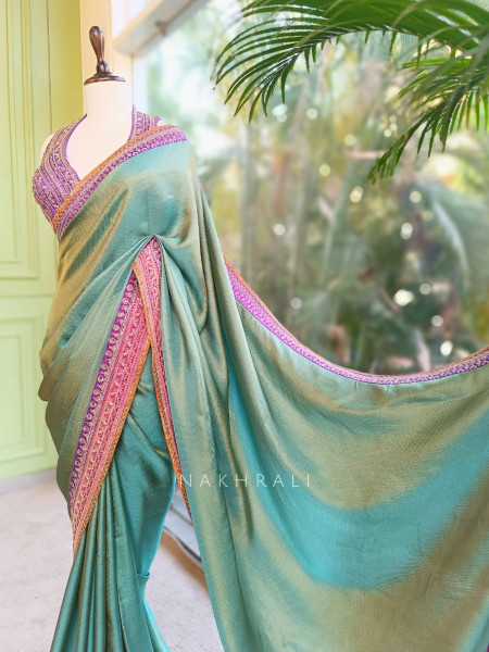 Nazara Sea Green Satin Saree with Embroidered Sequin Blouse