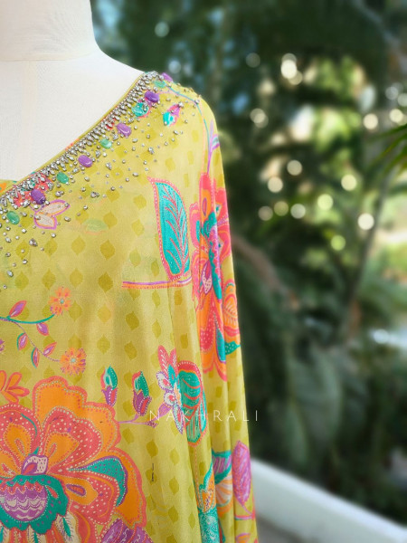 Mira Lime Floral One-Shoulder Kaftan Palazzo Set