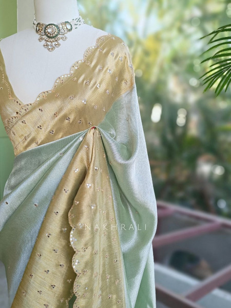 Kamali Pista Green Saree with Mirror Work
