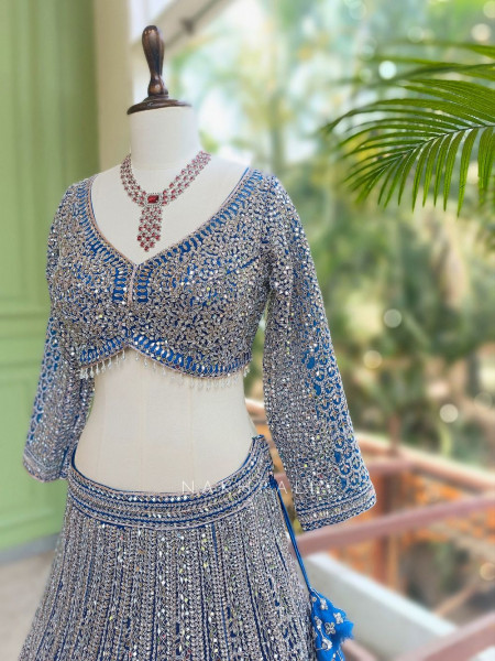 Rivarka Royal Blue Mirror and Bead Embroidered Bridal Lehenga