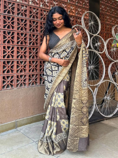 Earthbound Brown Dola Silk Ajrakh Printed Saree