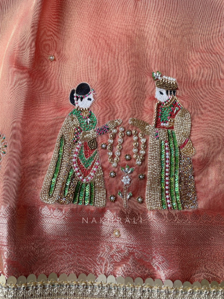 Kalpika  Peach  Organza Silk Saree With Jaimala Zardosi Motif Work