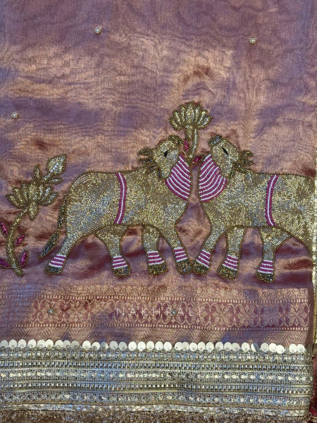 Vraj Ras Wine  Banarasi Tissue Silk Saree – Hand Embroidery & Zari Border