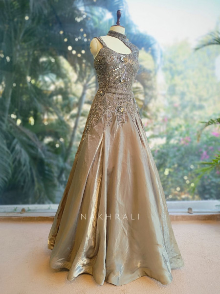 Velisse Olive Green Indowestern Gown with Sequin Bead and Cut Dana Work