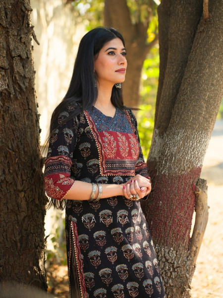 Niloufar Black Cotton Kurta with Sequin Patch Work