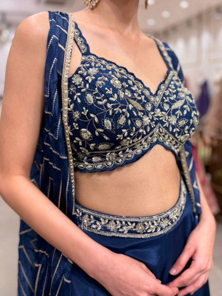 Nirvika Navy Blue Embroidered Crop Top Palazzo Set with Shrug