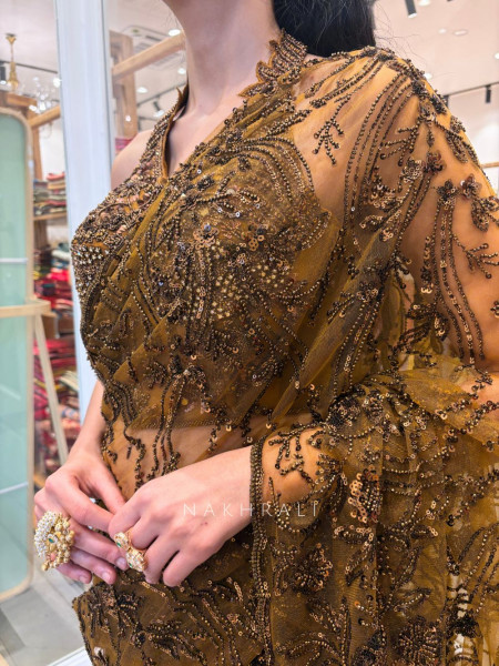 Amber Gleam Net Drape Saree with Sequin and Cut Dana Work