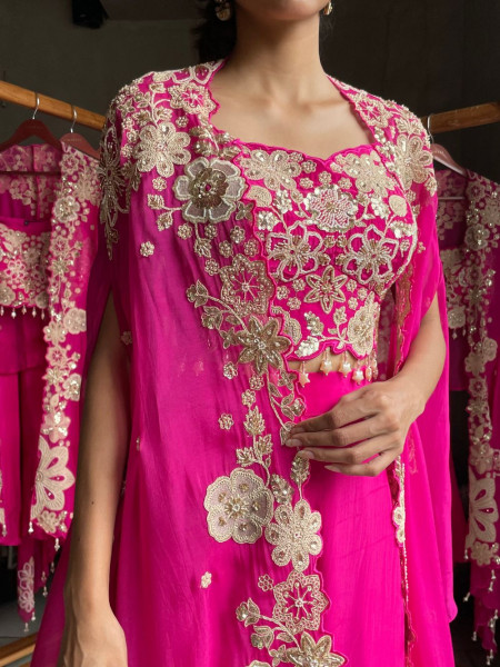 Fuchsia Iris Magenta Viscose Crepe Indo-Western Palazzo Set With Floral Zardozi Cape Detail