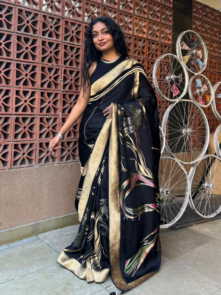 Noir Botanica Black Silk Saree With Abstract Floral Print & Antique Gold Zari Border
