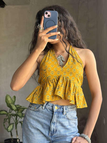 Roselle Frill Yellow Printed Crop Top