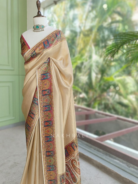 Kalptaru Cream Munga Tussar Georgette Silk Blend Saree with Kashmiri Jamawar Border