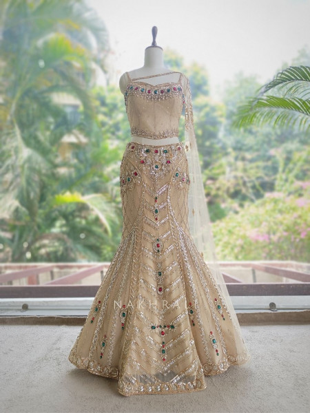 Sunehera Golden Net Mermaid Lehenga Set with Zardozi and Navratan Stone Work
