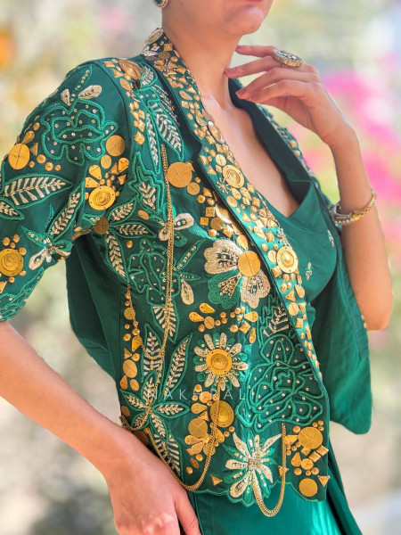 Elysia Green Sequin & Mirror Work Indo-Western Set with Embellished Jacket