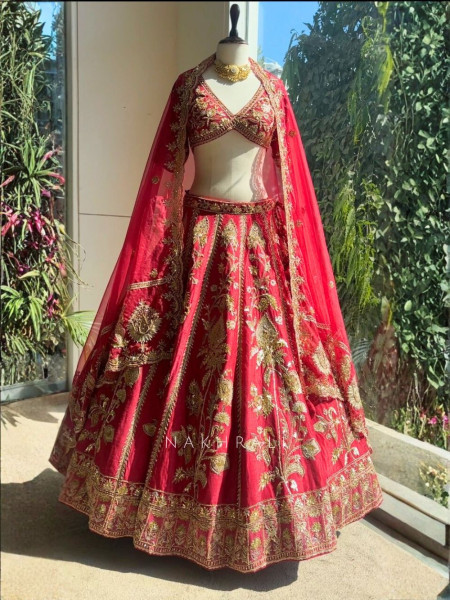 Svarika Red Zari Sequin Bridal Lehenga Set