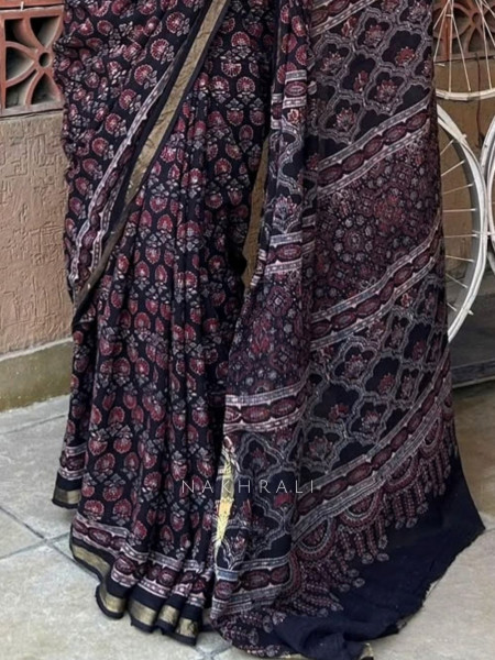 Zeenat Black Kota Doriya Saree with Ajrakh-Inspired Floral Print