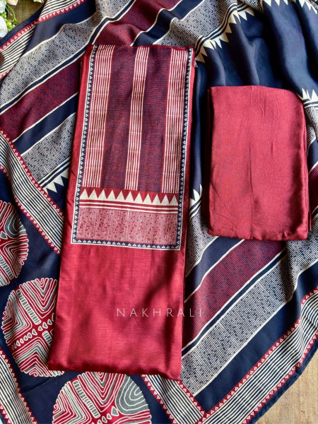 Eesha Maroon Cotton Silk Patterned Dress Material