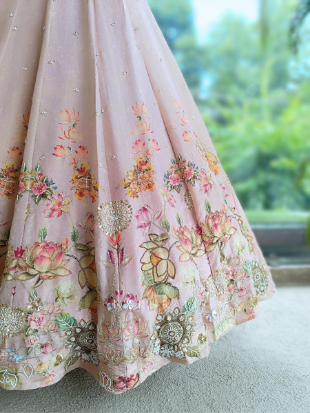 Pushpaveda Blush Pink Shimmer Lehenga With 3D Beadwork, Floral Print & Sequin Detail