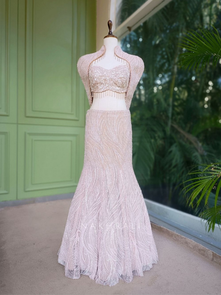 Image of Serenity Pink Net Crop Top Skirt Set with Sequin Cut Dana Work