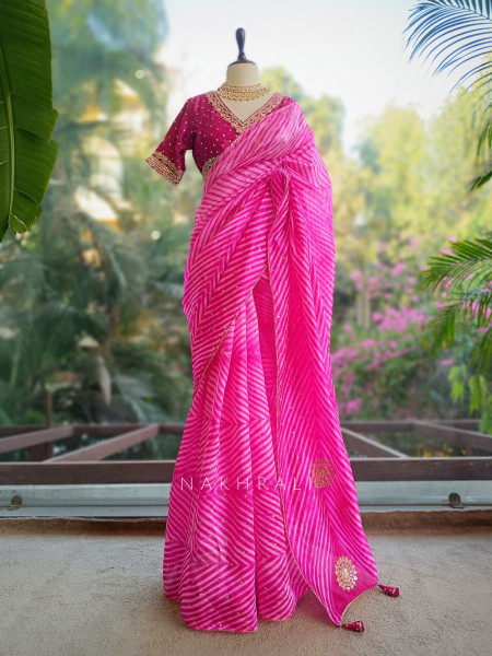 Rangili Pink Leheriya Saree with Gota Work Blouse