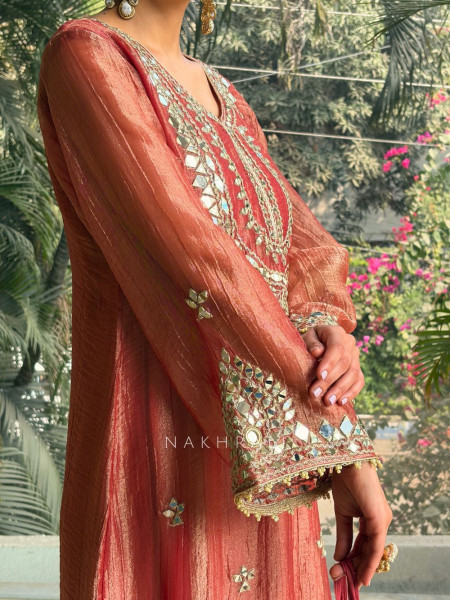 Poise Gajari Tissue Long Dress with Mirror and Zari Work