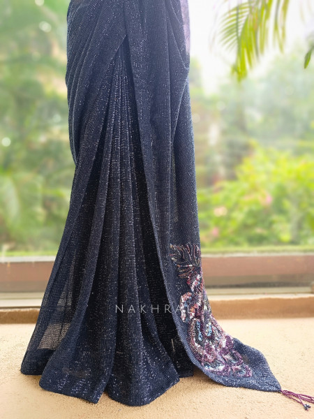 Samyra Blue Micro-Sequined Georgette Draped Saree with Readymade Blouse