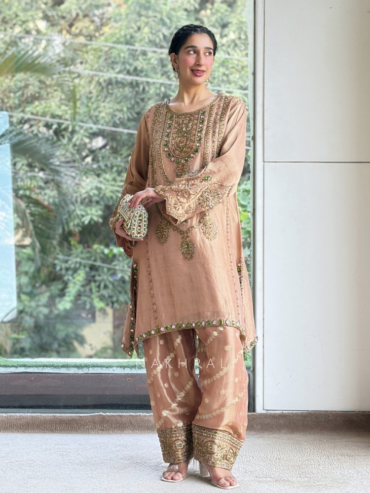 Image of Firdaus Jewel-Neck Peach Suit Set