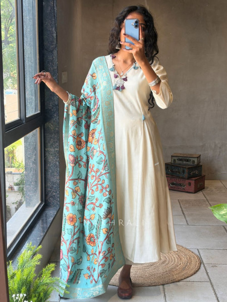 Zyrika Beige Anarkali Suit Set with Floral Dupatta