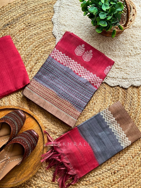 Navira Red Dress Material with Woven and Printed Accents