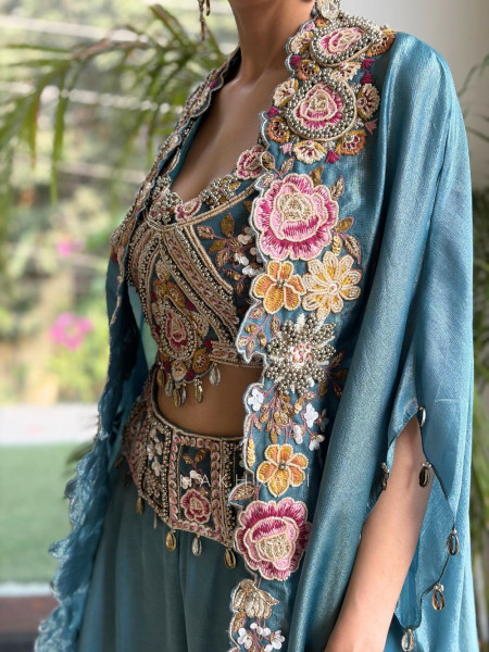 Arabesque Teal Blue Indo-Western Crop Top Palazzo Set with Cape Jacket