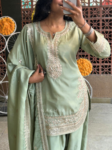 SereneGlow Pista Green Chanderi Satin Silk Suit Set