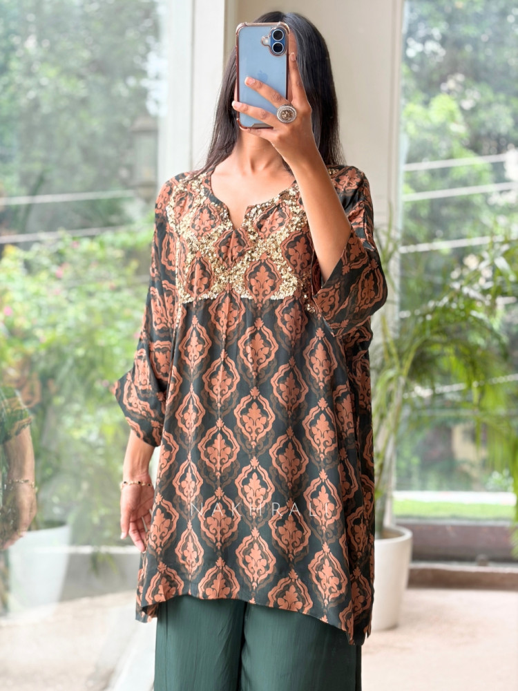 Image of Dharika Emerald Green  Modal Satin Kurta Palazzo Set