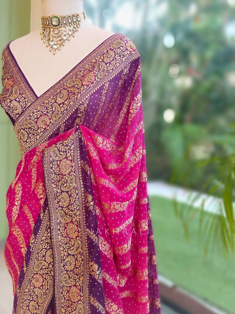 Image of Sarika Purple Bandhani Saree With Running Blouse Piece