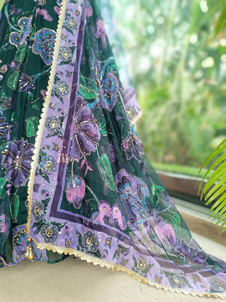 Sweetheart Bottle Green Organza Silk Lehenga Set