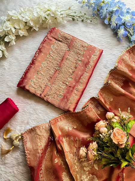 Taru Red Crushed Tissue Dress Material Set with Zari Embroidery