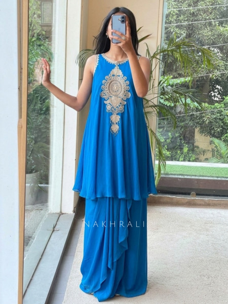 Royal Shield Blue Viscose Georgette Indo-Western Drape Skirt Set