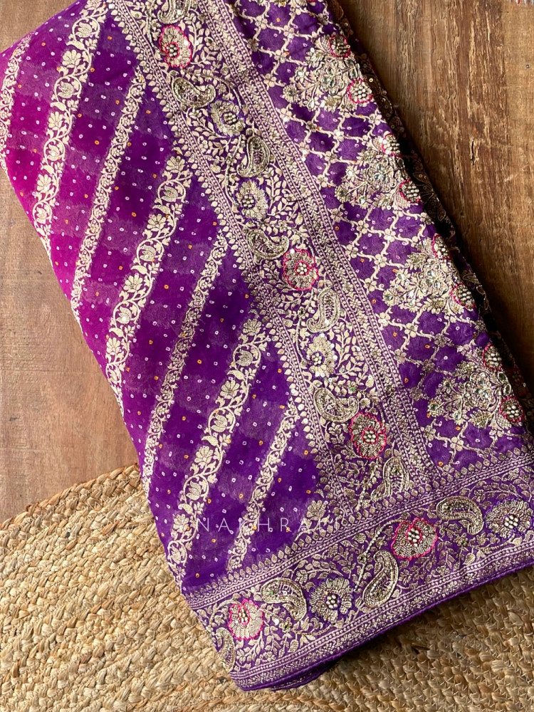 Image of Sarika Purple Bandhani Saree With Running Blouse Piece